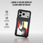 Sort 4smarts E-Ink-cover til iPhone 17 Pro set bagfra med et farverigt abstrakt motiv på displayet.