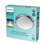 Philips Doris LED badeværelsesloftlampe i krom, 6W, 2700K, IP44, præsenteret i sin originale emballage med produktinformation.