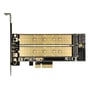 Delock PCI Express x4 kort med to M.2 slots, vist med lavprofil beslag og tilslutningsporte.