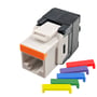 Simply45 S45-3500W RJ45 CAT5E UTP keystone i hvid med orange front og 5 farvede stikterminaler.