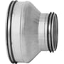 Lindab centrisk reduktion RCU 500-315 mm, galvaniseret stål, med gummitætninger og presset samling, vist på hvid baggrund.