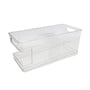 Nordic Quality dåseholder i transparent plastik, set fra siden med en forhøjet kant og rullebane.