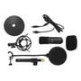 Komplet sæt af Delock USB kondensatormikrofon med tilbehør, herunder mikrofon, shock mount, popfilter og USB-kabel.