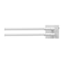 Hvid Videx LED-lampe med to parallelle lysarme set forfra, med firkantet vægbeslag og slanke rør.