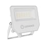 Ledvance Floodlight Compact-projektør i hvid set skråt forfra i mindre format, med monteringsbeslag og kabeltilslutning synlige.
