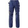 Bagfra af blå Kansas 255K håndværkerbukser med hængelommer, CORDURA forstærkninger og hvide syninger.