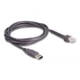 DeLock-kabel til stregkodescanner i grå, oprullet med RJ50-stik og USB 2.0 Type-A-stik.