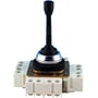 Schneider Electric joystick med 2 stillinger, kort sort arm og hvid base med terminaler.