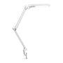 Hvid Nielsen Light LED arkitektlampe med fleksibelt metalstativ og bordklemme, vist på en hvid baggrund.