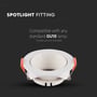 V-TAC GU10 spotfitting med tekst 'SPOTLIGHT FITTING' og information om kompatibilitet med standard GU10 lamper.