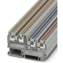 Phoenix Contact Ptio 1,5/S/3 sensor-/aktuatorklemme med push-in-tilslutning i grå. Viser 4 tilslutninger pr. klemme op til 1,5mm2 tværsnit.