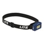 Scangrip HEAD LITE S pandelampe i mørkeblå med sort justerbar rem med hvidt 'LITE' logo, sat på hvid baggrund.