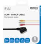 Forsiden af emballagen til Deltaco SCART til composite-kabel viser 2 meter kabel og valg af signalretning via kontakt.