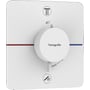 Hansgrohe ShowerSelect Comfort termostatbatteri med hvid plade, rund hvid betjeningsknap og symboler for brusehoved og håndbruser.