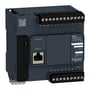Schneider Electric Modicon M221 PLC set fra siden, med detaljer om analog input, serial port og digitale udgange.
