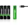 Fire Coast AAA genopladelige batterier, hvoraf tre er sorte med grønne logoer og en er grøn med hvid tekst, vist med et USB-C kabel.