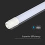 Detalje af V-TAC Pro T8 LED lysrør med påskrift om op til 80% energibesparelse og overlegen effektivitet.