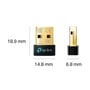 Målskitse viser TP-Link UB600 nano USB-adapter forfra og fra siden samt silhuetter af en større USB-adapter.