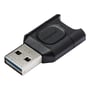 Kingston MobileLite Plus sort microSDHC/SDXC UHS-II-kortlæser set skråt forfra med USB-A-stikket tydeligt synligt.
