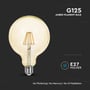 V-TAC G125 LED kultrådspære med E27 fatning, angiver 'Amber Filament Bulb' og tekniske fordele som 'No Flickering'.