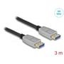 DisplayPort-kabel fra DeLock med to sølvfarvede stik vist tæt på samt grafik med 10K ved 60 Hz og 3 meter.