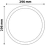 Målskitse af det runde 24 W LED-indbygningspanel set forfra med en diameter på 296 mm.