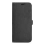 Essentialb sort lædercover til iPhone 16 Plus set forfra med lukket klap, hvid stikning og magnetisk lukkestrop.
