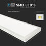 Nærbillede af V-Tac 120x30 cm LED panel, der fremhæver 80% energibesparelse, nem installation og øjeblikkelig start.