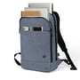 Dicota Eco Backpack Slim MOTION 13 - 14.1" rygsækken er fyldt med en laptop, notesbøger og en telefon i den yderste lomme.