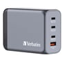 Verbatim GNC-140 GaN oplader 240W i sort, set fra siden med logo og oversigt over de fire porte.
