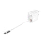Den hvide 4smarts PDPlug Slim 65 W GaN-vægoplader med det flade, indbyggede USB-C-kabel trukket ud foran.