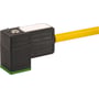 Nærbillede af Murrelektronik MSUD ventilstik form C med gul 3x0,75mm2 PUR kabel, der viser LED og friløbsdiode.