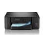 Brother DCP-T580DW sort inktankprinter set let oppefra med kontrolpanel, farveblæktanke og papir i udgangen.
