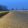 LEDlife ridebane LED-strip, Type Q, oplyser ridebanens sandbund langs det fjerne hegn i skumringen.