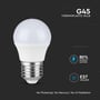 V-TAC G45 LED-pære fremhæver 80% energibesparelse og E27 fatning, med angivelse af 'No Flickering'.