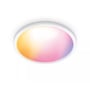 WiZ SuperSlim loftlampe fra Philips Hue i hvid, med et cirkulært design og skiftende RGB-farver på en hvid baggrund.