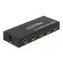 DeLock HDMI UHD-splitter set fra tilslutningssiden med én HDMI-indgang og fire HDMI-udgange.