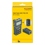 DeLock LCD kabeltester til RJ45, PoE og DC, vist på gul baggrund med produkt og fjernenhed.