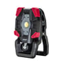 Fuld visning af Coast CL40R genopladelig LED arbejdslampe med sort og rød design og integreret clip-fod.