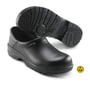 Sika Footwear træsko 19476 Fusion Clog i sort str 43, vist forfra og bagfra med fokus på skridhæmmende ydersål og ESD-mærke.