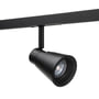 SG Armaturen Zip Zoom Spot LED 6W i sort finish monteret på sort 1-faset skinne, med fokus på spothovedet og GU10 LED.