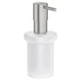 Grohe Start sæbedispenser med holder, fremstillet af hvidt glas og børstet Supersteel metal.