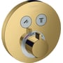 Hansgrohe Select S indbygningstermostat i poleret guld med to Select-knapper og et temperaturregulatorhjul mærket 40°C.