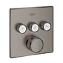 Grohe Grohtherm SmartControl termostat i børstet antracit, firkantet design med 3 betjeningsknapper og drejeknap til temperaturregulering.