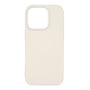 Bagsiden af det hvide silikonecover til iPhone 16 Pro med stor åbning til kameraet.