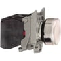 Schneider Electric lampetryk XB4BW31M5 i hvid med 230V spænding og 1NO-1NC kontakter, set fra siden.
