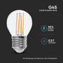 V-TAC G45 klar filament LED pære med E27 holder, angiver 85% energibesparelse og ingen flimmer.