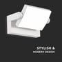 Detalje af V-TAC LED væglampen med teksten 'STYLISH & MODERN DESIGN', der fremhæver dens æstetiske udseende.