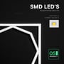 Udsnit af V-TAC LED-panelets ottekantede ramme ved siden af en grafik om SMD-LED'er og hurtig opstart.