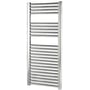 Opmålt frontvisning af Stelrad Helena håndklæderadiator i krom, 764 mm høj, med tæt placerede vandrette kromrør.